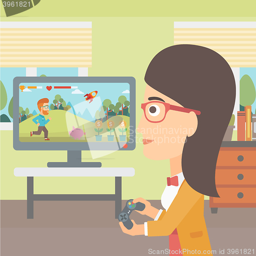 Image of Woman playing video game.