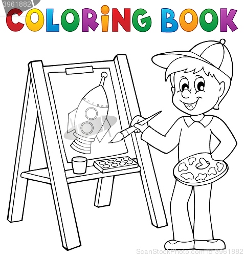 Image of Coloring book boy painting on canvas