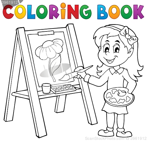 Image of Coloring book girl painting on canvas
