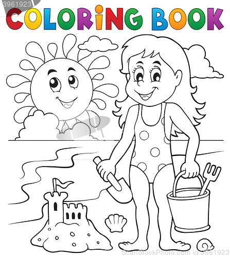 Image of Coloring book girl playing on beach 1