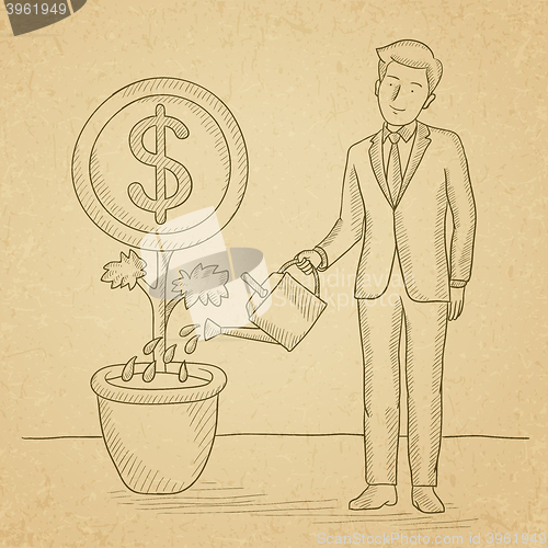 Image of Man watering money flower.