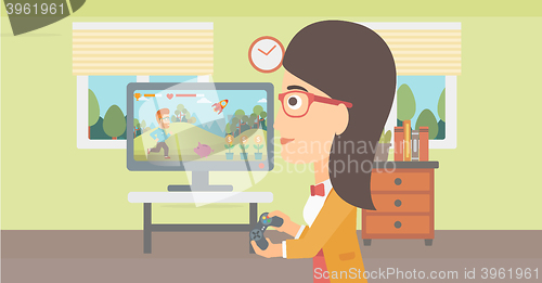 Image of Woman playing video game.