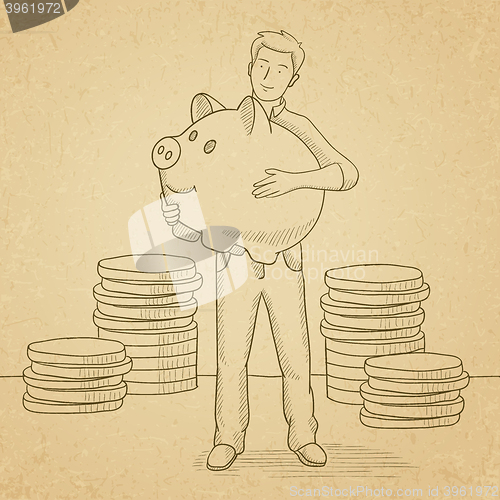 Image of Man carrying piggy bank.