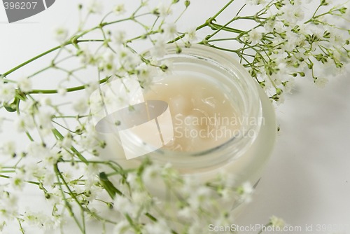 Image of face creme and white flowers