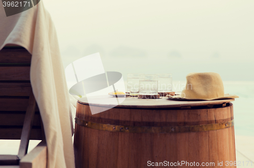 Image of glasses of water with hat on barrel at hotel beach