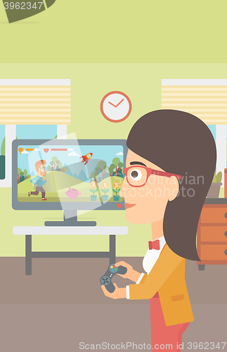 Image of Woman playing video game.