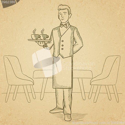 Image of Waiter holding tray with beverages.
