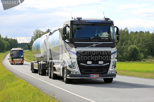 Image of Volvo FH Milk Tank Truck on Summer Road
