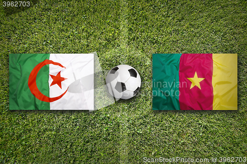 Image of Algeria vs. Cameroon flags on soccer field