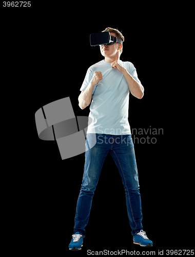 Image of man in virtual reality headset or 3d glasses