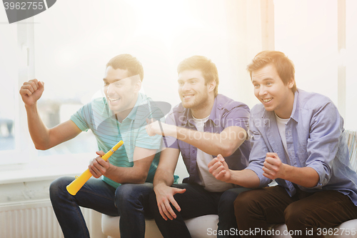 Image of happy male friends with vuvuzela watching sports