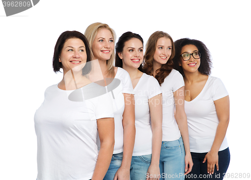 Image of group of happy different women in white t-shirts