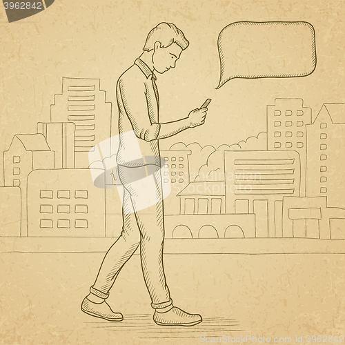 Image of Man walking with smartphone.