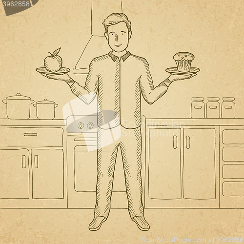 Image of Man with apple and cake.