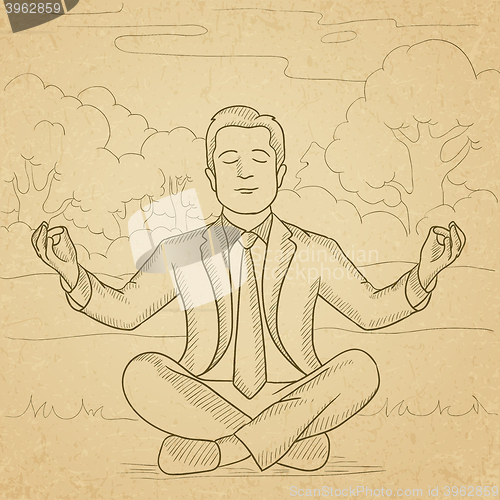 Image of Businessman meditating in lotus pose.