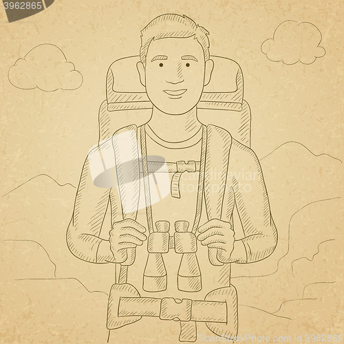 Image of Cheerful backpacker with binoculars.