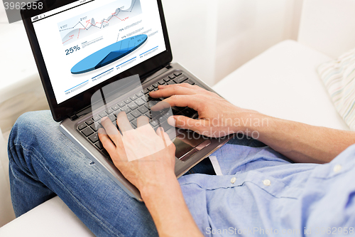 Image of close up of man typing on laptop computer at home