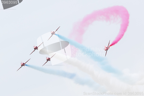 Image of LEEUWARDEN, THE NETHERLANDS - JUNE 10, 2016: RAF Red Arrows perf