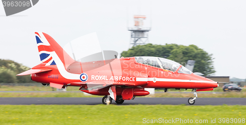 Image of LEEUWARDEN, THE NETHERLANDS - JUNE 10, 2016: RAF Red Arrows perf