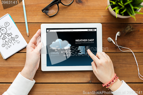 Image of close up of woman with tablet pc on wooden table