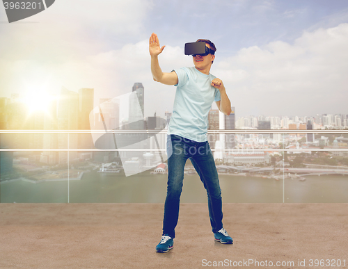 Image of man in virtual reality headset or 3d glasses