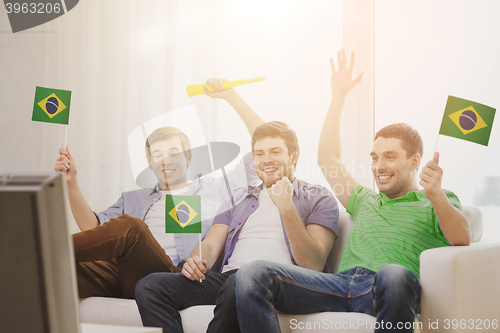 Image of happy male friends with flags and vuvuzela