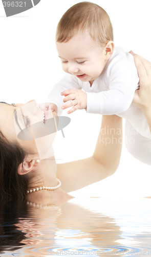 Image of happy mother with baby boy in water