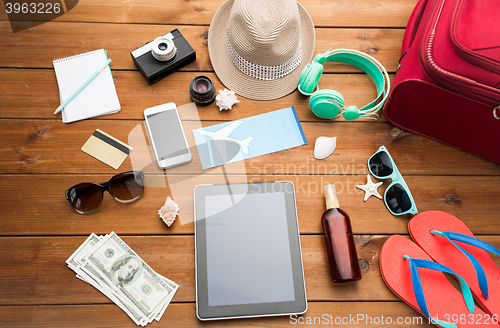 Image of close up of tablet pc and travel stuff