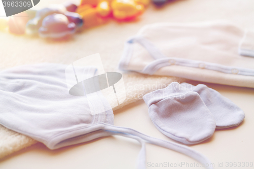 Image of close up of baby boys clothes for newborn on table