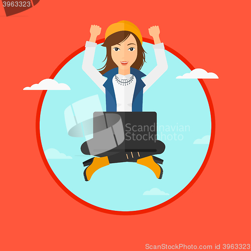 Image of Woman sitting on cloud with laptop.