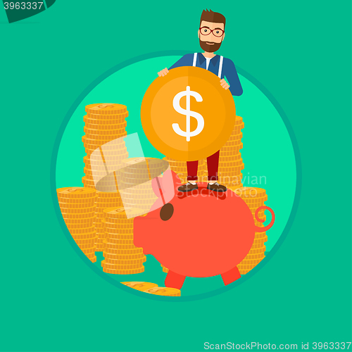 Image of Man putting coin in piggy bank.