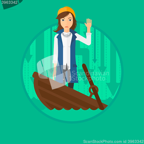 Image of Business woman standing in sinking boat.