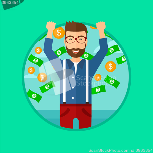 Image of Happy man with  flying money. 