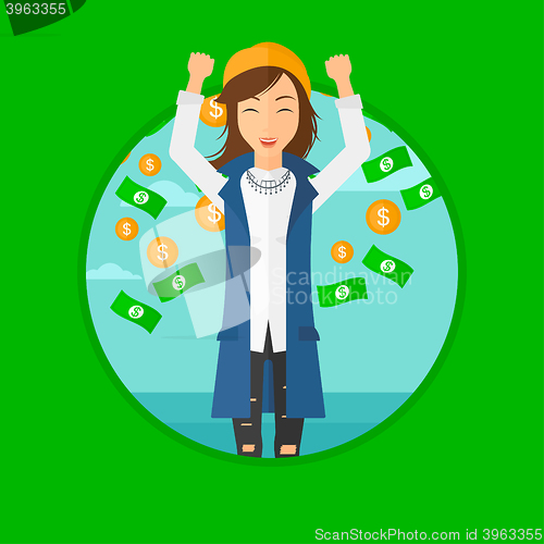 Image of Happy woman with  flying money. 