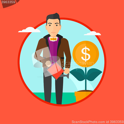 Image of Man watering money flower.