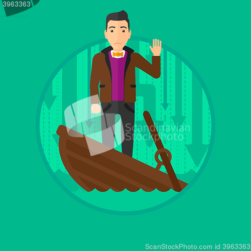 Image of Businessman standing in sinking boat.