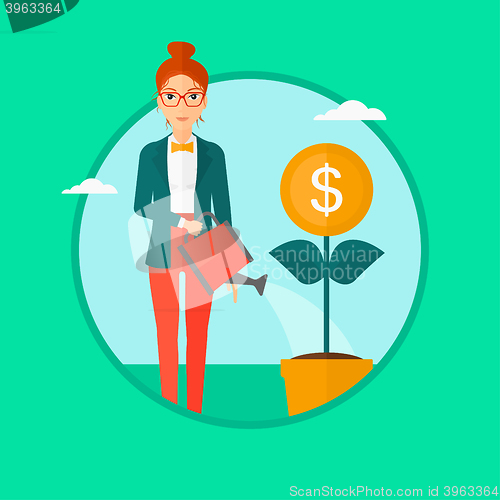 Image of Woman watering money flower.