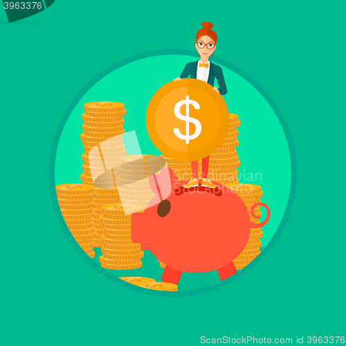 Image of Woman putting coin in piggy bank.