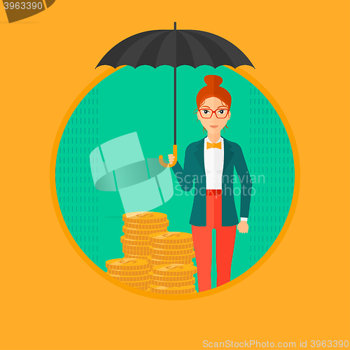 Image of Woman with umbrella protecting money.