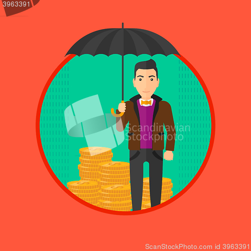 Image of Man with umbrella protecting money.