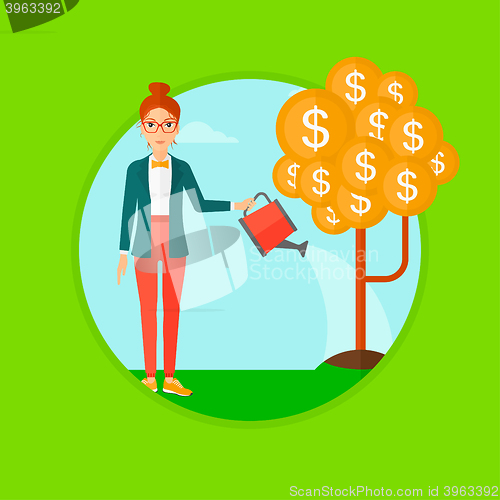 Image of Woman watering money tree.