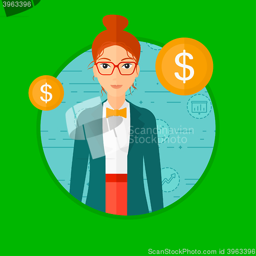Image of Successful business woman with dollar coin.