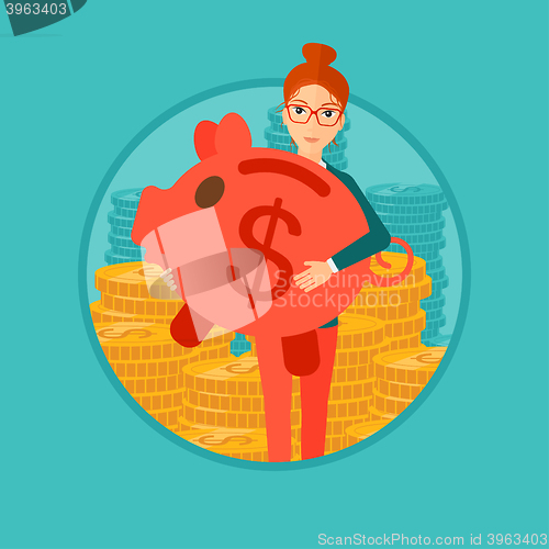 Image of Woman carrying piggy bank.