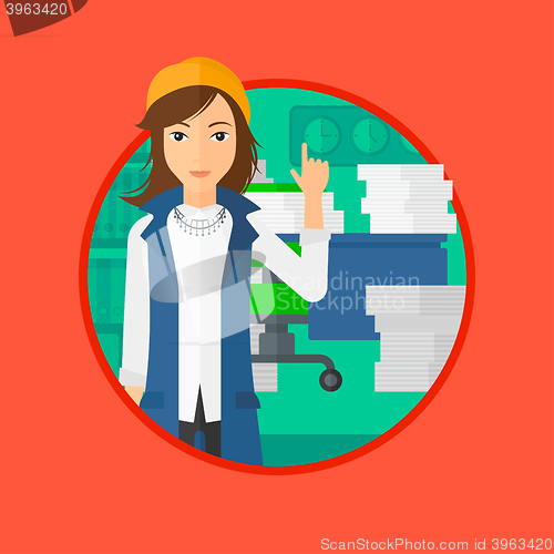 Image of Business woman pointing up with her forefinger.