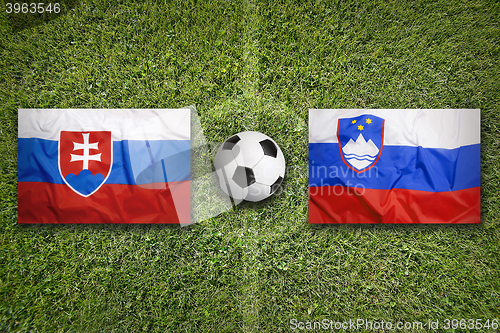 Image of Slovakia vs. Slovenia flags on soccer field