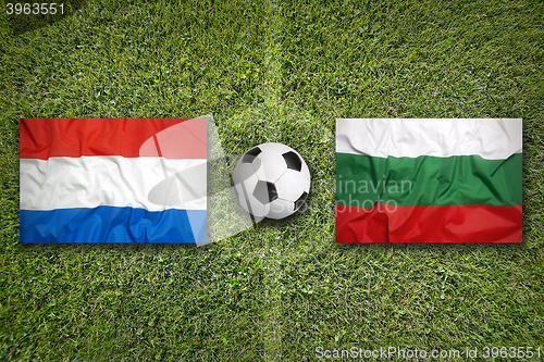 Image of Netherlands vs. Bulgaria flags on soccer field