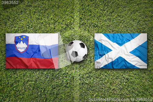 Image of Slovenia vs. Scotland flags on soccer field