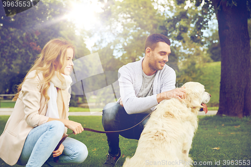 Image of happy couple with labrador dog walking in city