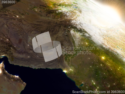 Image of Afghanistan and Pakistan from space during sunrise