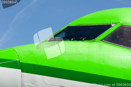 Image of Cockpit close up of jet airplane